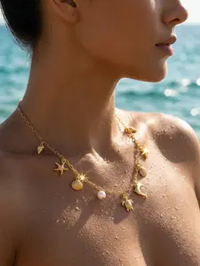 Summer Starfish Shell Conch Pearl Necklace, Fashion Exaggerated Multi-Pendant Beach Necklace, Sea Pearl Necklace, Daily Wear, Party, Holiday Accessory, Gift for Mom, Wife, Girlfriend