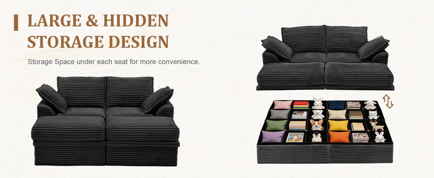 【2-4 Packages Shipping】NABUMI 142” Oversized Modular Sectional Sofa with Storage, Extra Deep&High Seat Corduroy Cloud Couch, Ergonomic Memory Foam Sofa, Comfy Fluffy, Free Combination, with Ottomans, Tool-Free Assembly, Black, Beige, Dark Gray, Green