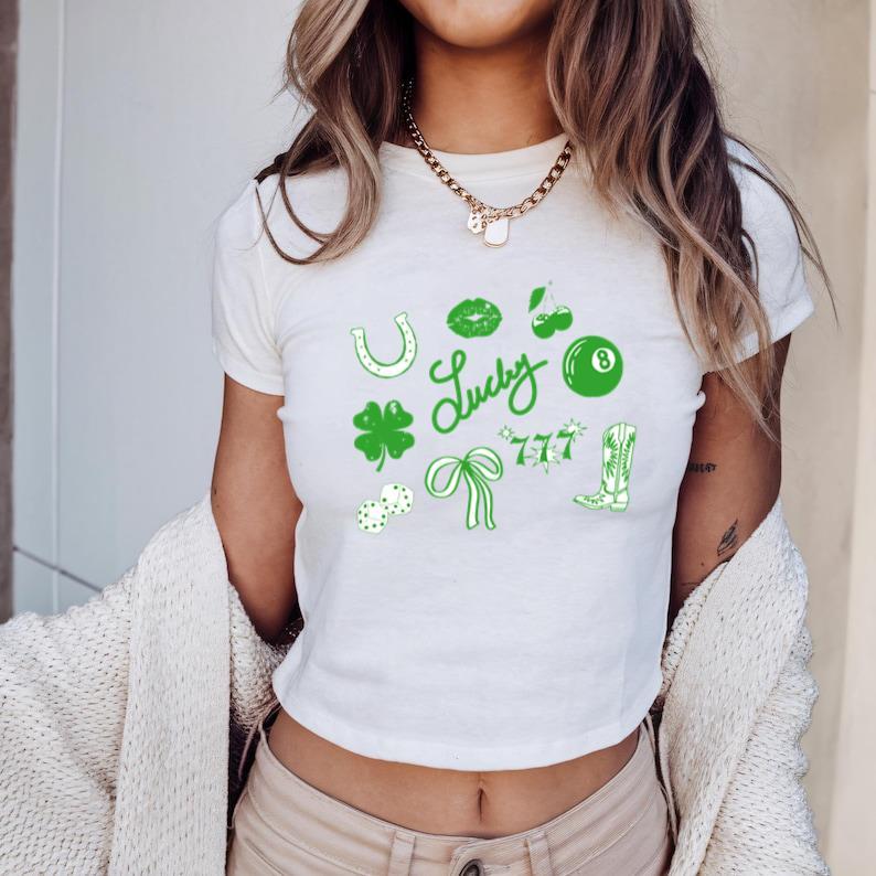 St Patrick's Day Baby Tee, Y2k Cropped Trendy St Patty's Day Baby Tee, Green Lucky Women_s Baby Tee, Day Drinking Top, St. Patrick's Day Gift, Gift For Her