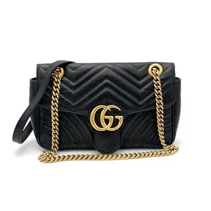 Pre-owned GUCCI Leather Flap Bag GG Marmont Matelasse Medium Black #3655