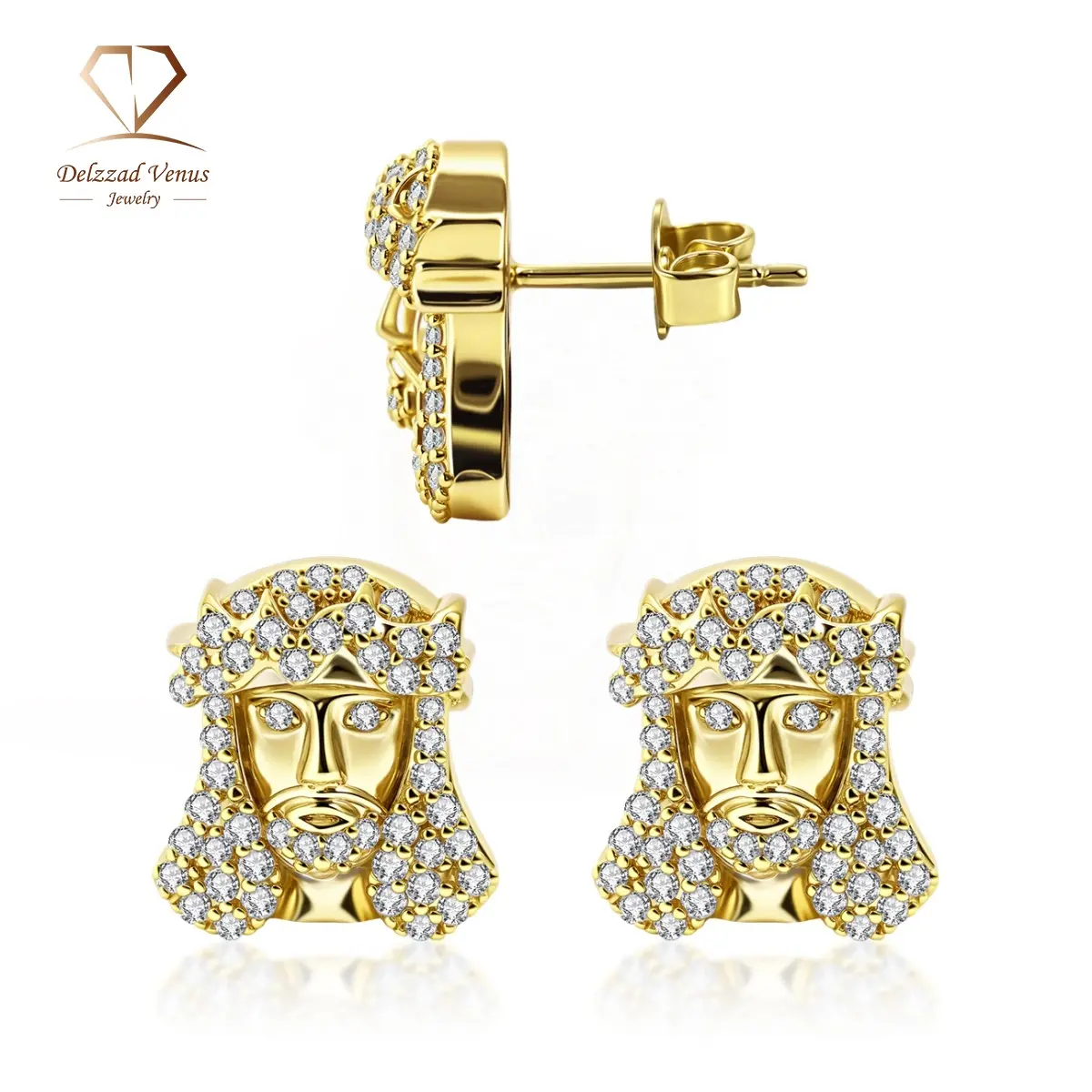 Delzzad Divine Sparkle Iced Messiah Unisex Hip Hop Jesus Head Copper Stud Earrings, 1.2mm VVS Synthetic Lab Created Moissanite Jewelry, Ideal Birthday Wedding Gift for Men Women