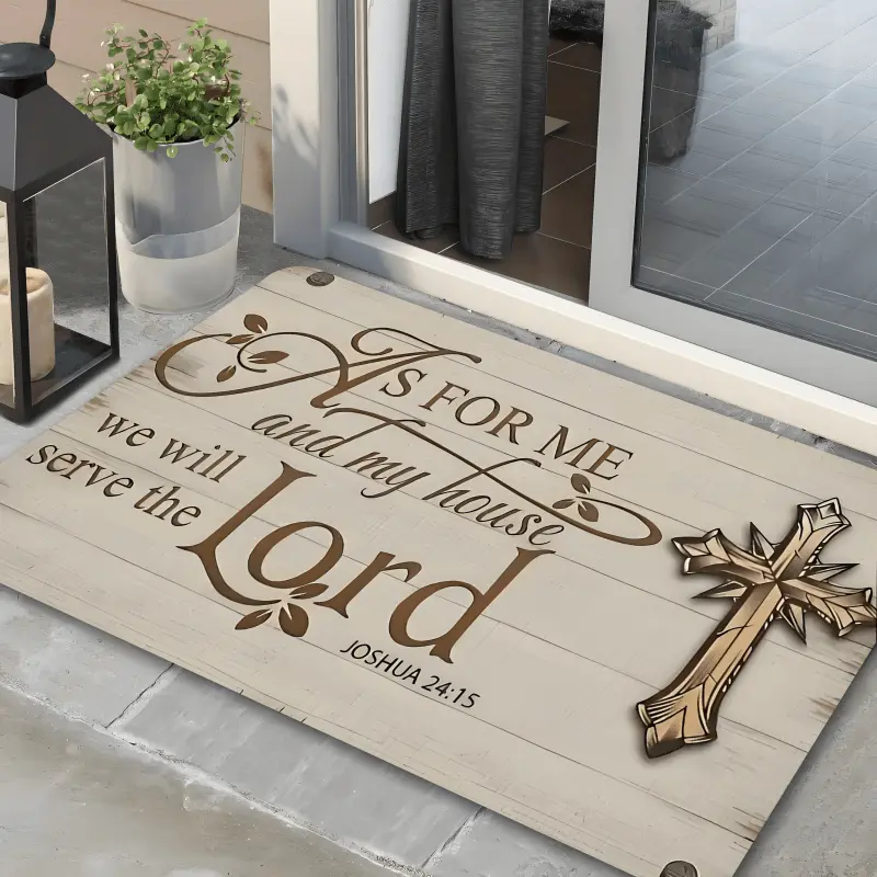 Faith-Based Print Rug Welcome Mat - Cross Design, "It Is for Me and My House We Will Serve the Lord" Message, Durable Machine-Washable, Ideal for Entryway Farmhouse Decor, Front Door Decorative Rugs