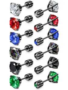 Men's Cubic Zirconia Stainless Steel Stud Earrings, 6 Pairs Daily Wear Jewelry, Durable Fashion Design, Perfect for Everyday Use, Ear Studs