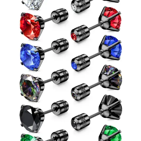 Men's Cubic Zirconia Stainless Steel Stud Earrings (6 Pairs), Durable Fashion Jewelry, Perfect for Everyday Use, Ear Studs