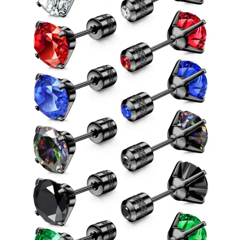 Men's Cubic Zirconia Stainless Steel Stud Earrings (6 Pairs), Durable Fashion Jewelry, Perfect for Everyday Use, Ear Studs