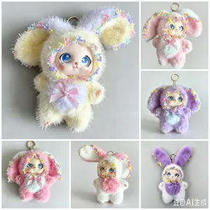 Cute Plush Bunny Keychain, Soft Furry Rabbit Doll Pendant, Colorful Lace Trim Fluffy Bag Charm, Adorable Stuffed Bunny Key Ring for Car Keys, Backpack & Gifts #FFM