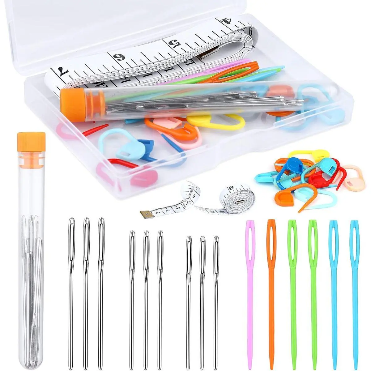 Knitting Needles Yarn Needles Large Eye Blunt Needles Plastic Needles with Tape Measure Stitch Markers Storage Box for DIY Handmade and Sewing