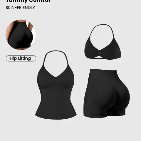 Women's Sports Yoga Set with Padded Bra, Gym Shorts, and Sporty Tank Top, 3 Piece Set for Fitness Training, Fitness Sport Outfits, Sportswear for Gym, Stretchable Activewear, Sports Clothing Set, All Seasons, Sports Clothes