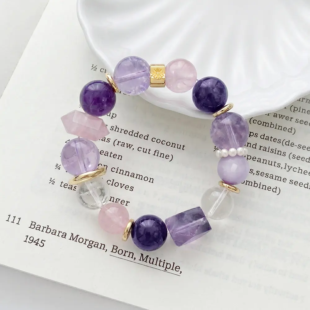 Amour Mixed Crystal Energy Bracelet Chunky Amethyst & Rose Quartz Minimalist Fairycore Statement Jewelry