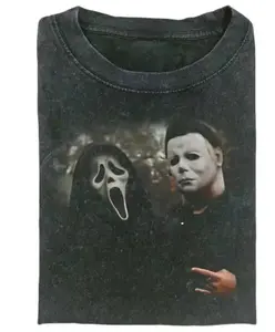 Vintage Halloween Graphic T-Shirt – Ghost Face & Michael Myers Horror Movie Tee, Scary Character Top, Funny Spooky Halloween Shirt, Unisex Cotton Crewneck, Cool Summer Streetwear, Gift for Men & Women, Classic Graphic Tee