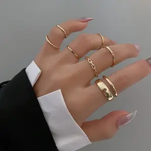 RING4U - 7pcs Fashion Jewelry Rings Set  Metal Alloy Hollow Round Opening Women Finger Ring For Girl Lady Party Wedding Gifts