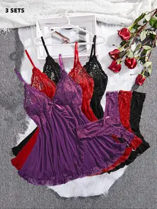 Women's Solid Color Ruffle Trim Cami Nightdress & Thong Sexy Casual Comfy Lingerie Set, Romantic Comfy Breathable Nightgown & Panty Set, Ladies Sleepwear for All Seasons