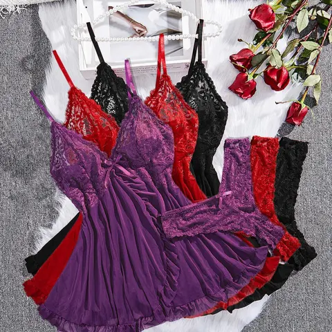 Women's Solid Color Ruffle Trim Cami Nightdress & Thong Sexy Casual Comfy Lingerie Set, Romantic Comfy Breathable Nightgown & Panty Set, Ladies Sleepwear for All Seasons Lingerie Nightwear