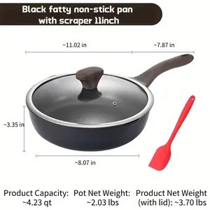 Black fatty non-stick pan with scraper 11inch,Easy to clean,for family cooking,Cookware,Stir Fry,Fry Eggs,Cook Noodles,Family Cooking,Non-toxic Coating,Lightweight,All Stove Compatible,Easy to Clean,Stay-cool Handle