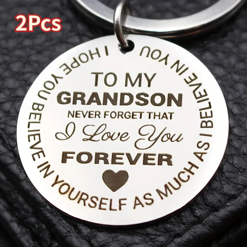 2Pcs Stainless Steel Keychains - Engraved Grandparents' Love Token, Customizable Name Engraved Message Heirloom Keychains, Unique Gift for Grandson from Grandparents, Engraved Message Keychains
