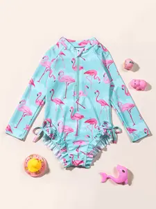 Girls' New Long Sleeve Swimsuit, Flamingo Pattern Design Swimming Costume, Comfortable Fashion Beach Swimwear, Ideal for Beach and Pool, Toddler Swimsuit