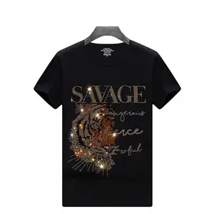 Savage Round Neck Rhinestone Lion Graphic T-shirt for Men Cotton Fabric Loose Fit Pullover Top Multiple Colors