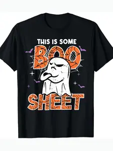 Home Collocation "This Is Some Boo Sheet" Halloween T-Shirt-Casual Cotton, Short Sleeve, Round Neck, Machine Washable-Black with Spooky Design, all-day comfort, daily wear, Thanksgiving, minimalist style, Halloween, for adults
