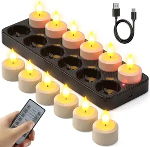 Flameless Candles with Remote Control Timer &  Base, 12 count USB Rechargeable  LED  Lights Candles Small Votive for Lantern Pool Mantle Weddings  Christmas Decorative