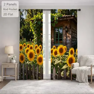 2Pcs Rustic Farmhouse Sunflowers Wooden Fence Sun Blocking Curtains Digital Printed Rod Pocket, Window Treatment For Bedroom Office Kitchen Living Room Study Home Decor
