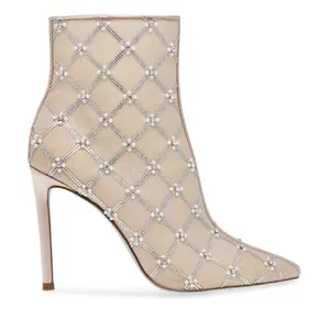 Betsey Johnson Lark Nude Mesh Rhinestone Pearl Ankle Bootie Heel Size 5.5 W/ Box
