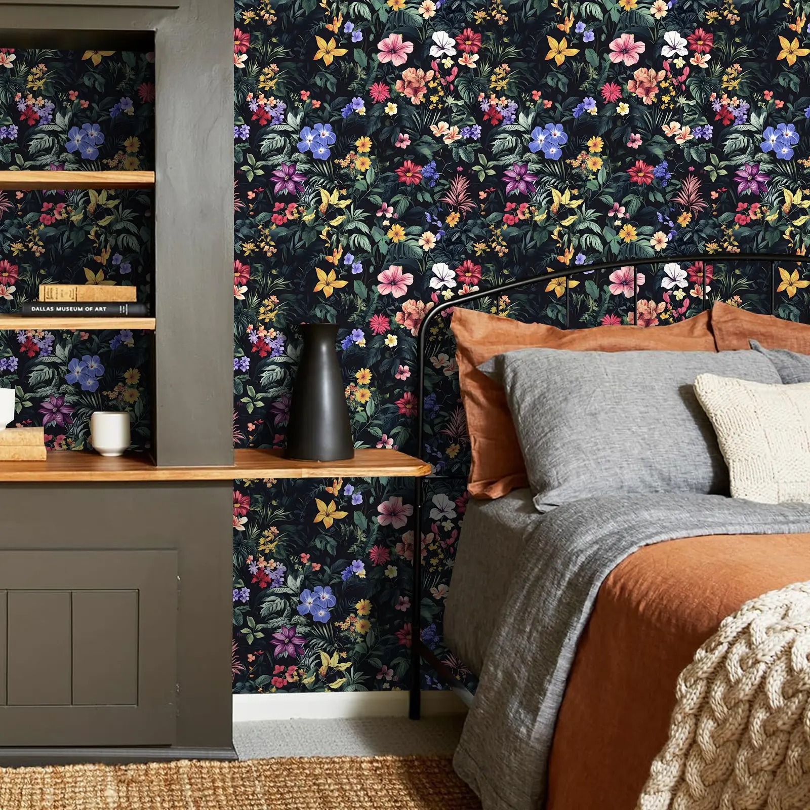 Vibrant Dark Floral Peel and Stick Wallpaper, Wall Cover - Self-Adhesive Removable Waterproof Water Resistant Vinyl Contact Paper | Multicolor Flower Design, Size 17.32x118.11inch | Perfect for Home Decor, Diy Wallpapers
