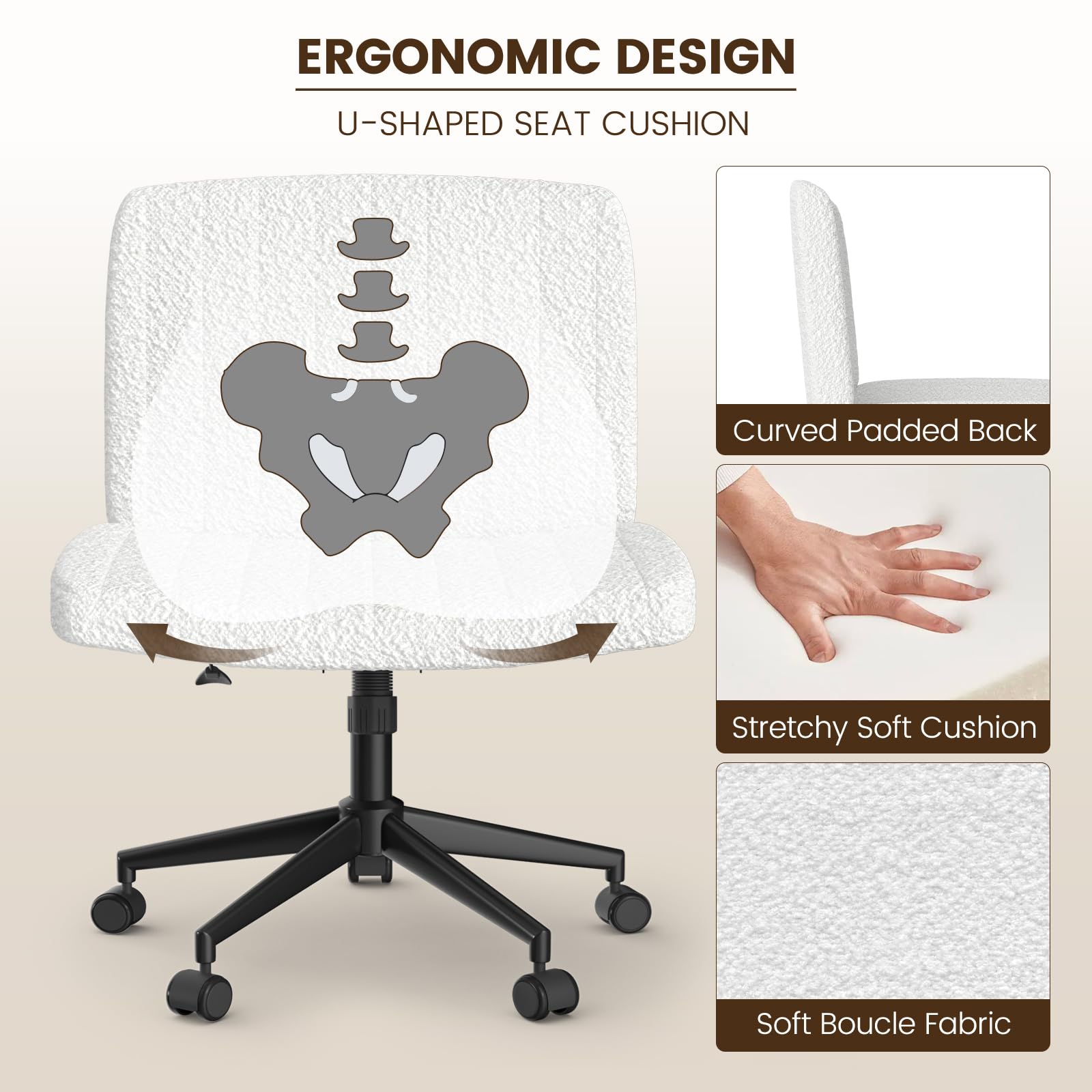 Boucle Criss Cross Armless Office Chair with Wheels offers ergonomic height adjustment and adjustable swivel for home use