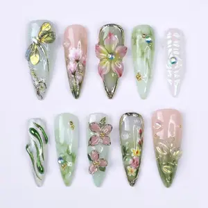 Press On Nails Dragonfly with Pink Flower | 3D Nature Fake Nails in Long Almond | Handmade Spring Nail Art for Holiday