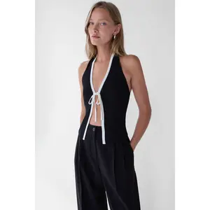 KNIT HALTER TOP WITH CONTRAST BOW