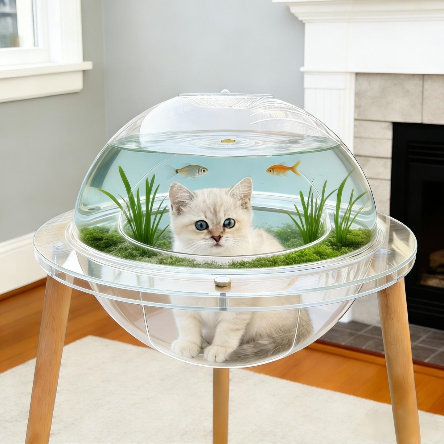 Eyisean 23.6" Acrylic Large Round Transparent Cat Cave, 2-in-1 Space-Saving Kitty Bed Fish Tank with Plywood Base, Heavy-Duty 360° Immersive Pet House, Indoor Cat Enrichment Furniture for Living Room