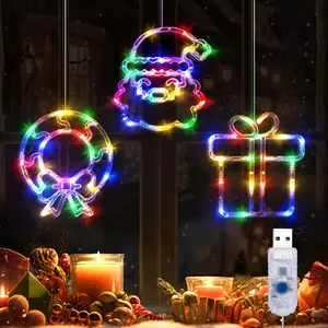 Christmas Window Decorations, 3 Pack USB Multicolor Wreath, Gift Box, Santa Claus Xmas Indoor Window Lights, 8 Flashing Modes LED Lights for New Year, Home, Party, Room Decors