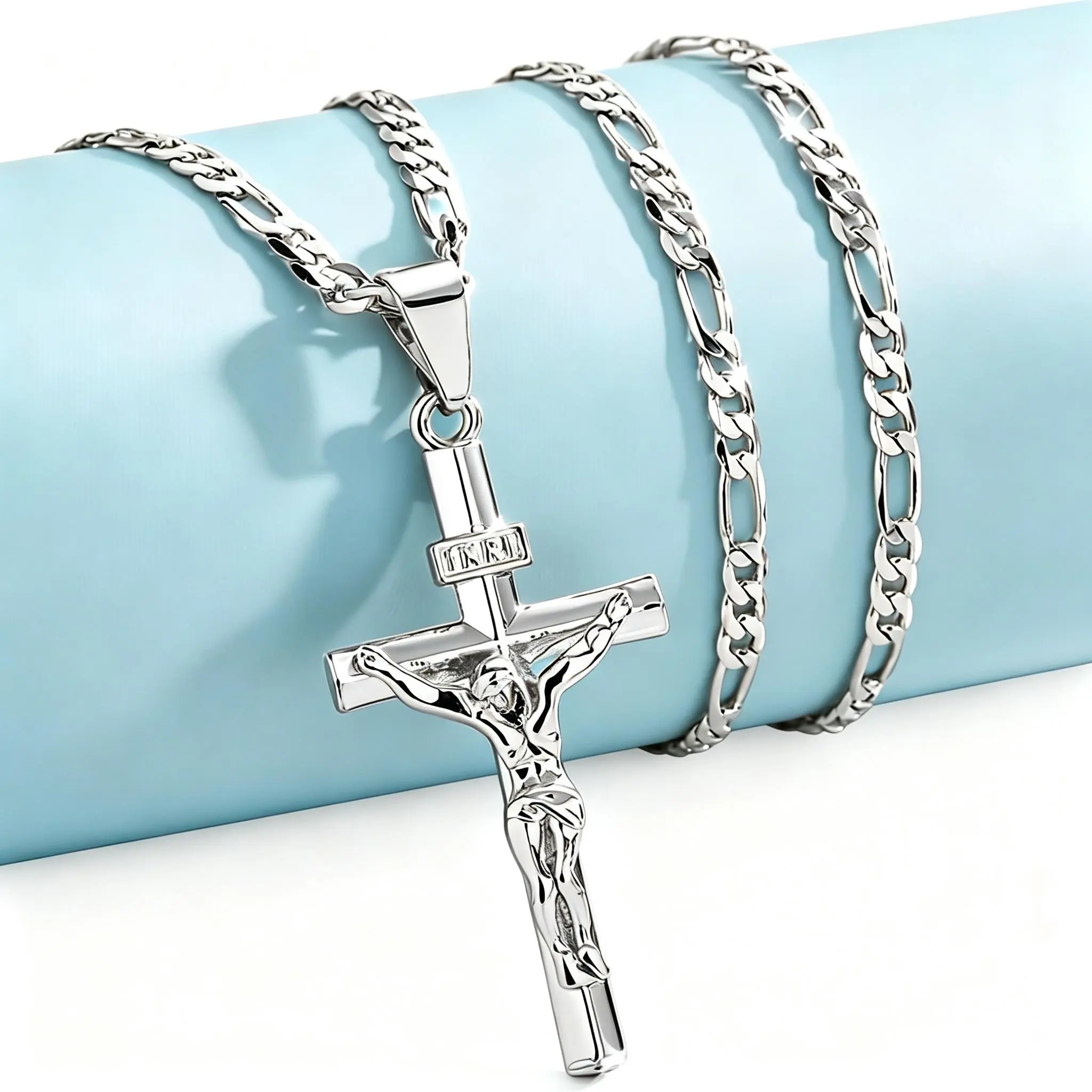 Men's Silver INRI-Engraved Jesus Crucifix Pendant Necklace with Ornate Cross Pendant and Figaro Link Chain, Necklace Silver