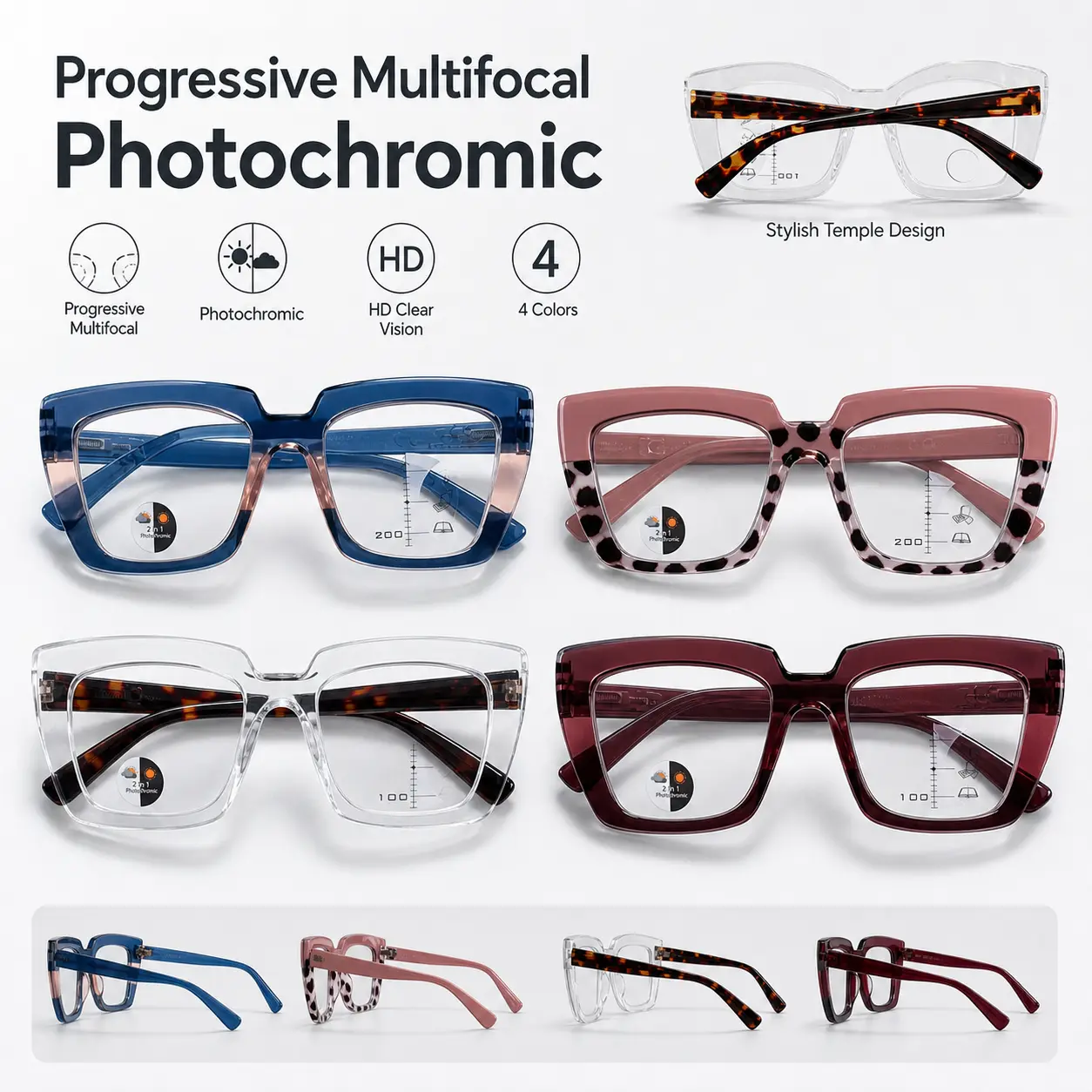 Photochromic Progressive Multifocal Reading Glasses for Women, No-Line Far Near Readers, Light-Adaptive Oversized Square Frames, HD Clear Vision Daily