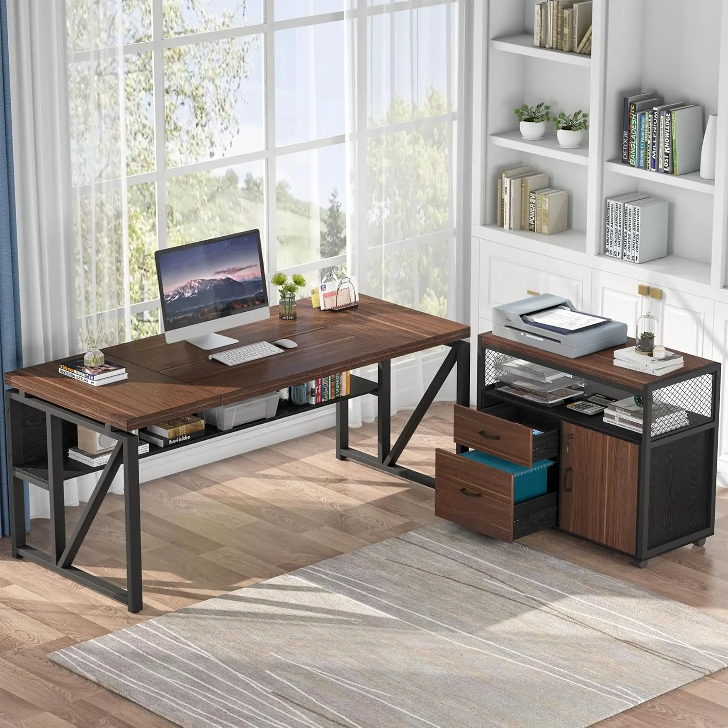 LITTLE TREE L Shaped Desk with Drawer Cabinet, 63" Executive Computer Desk and lateral File Cabinet, 2 Piece Home Office Furniture with Drawers for Hanging, Doors with Locks