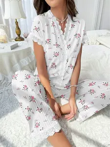 Women's Cotton-Like Rib Pajama Set, V-Neck Lace Trim Short Sleeve Top & Long Pants, Soft Breathable Loungewear Set for All Seasons
