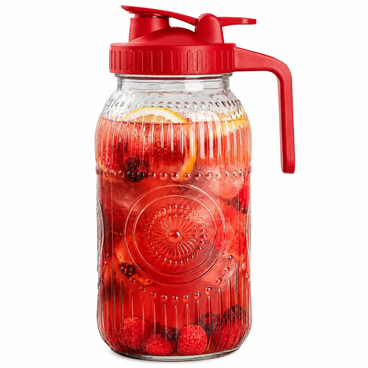 64oz Heavy Duty Wide Mouth Glass Mason Jar Water Pitcher - Silicone Pour Spout, Handle, Lid - Lemonade Jug for Ice Cubes, Fridge Storage, Cold Brew Coffee