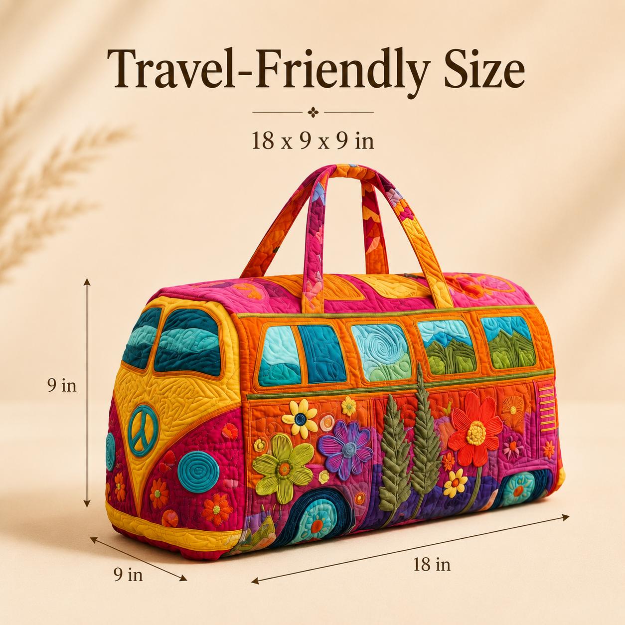 18 Inch Boho Quilted Weekender Bag, Colorful Retro Van Duffel Bag for Travel, Beach, Gym and Weekend Getaway