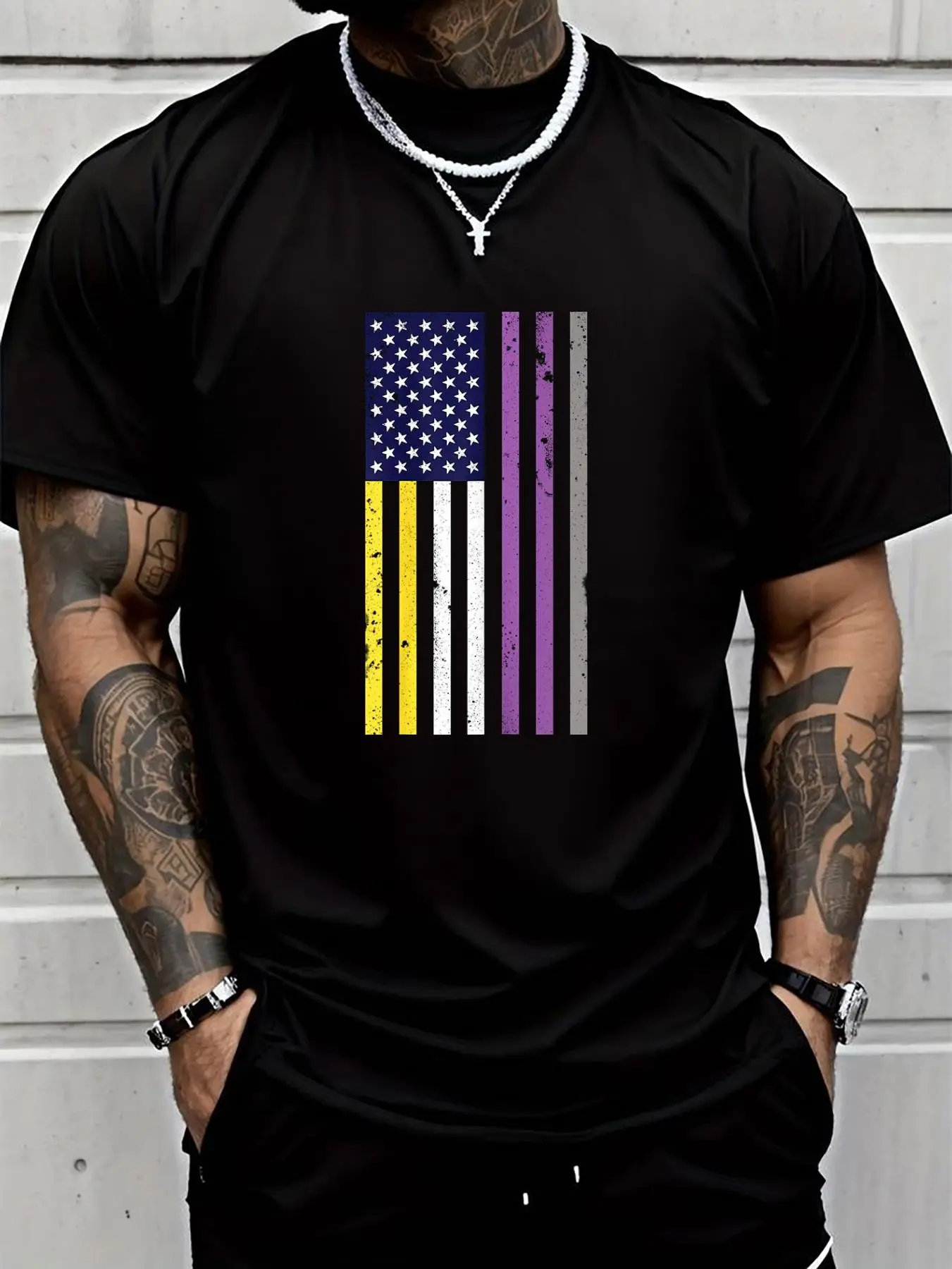 100% cotton American Flag Non-Binary Pride LGBTQ Vintage 4th of July US Printed T-shirt, Short-sleeved Crew Neck Casual Top, Suitable For All Seasons, Men's Wear