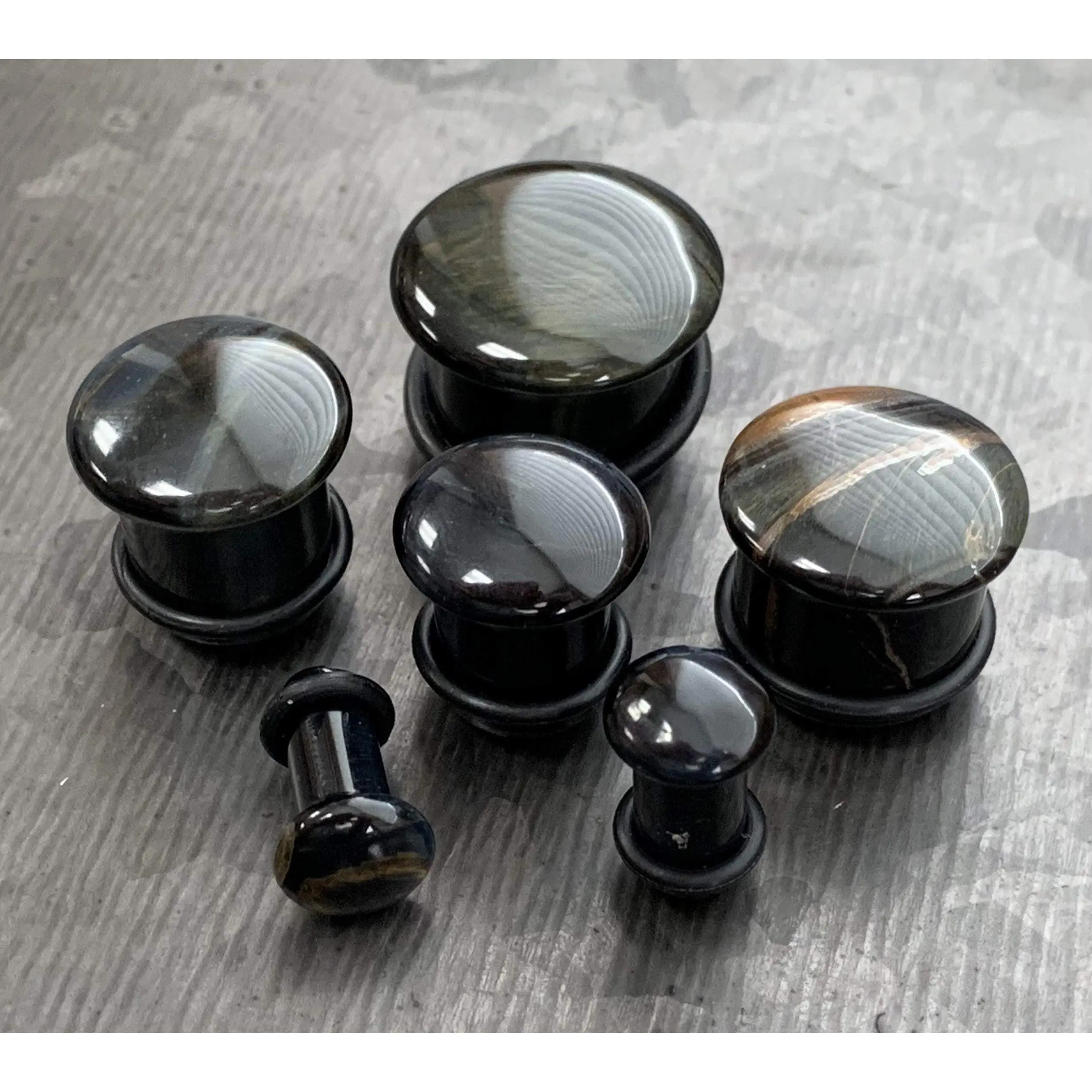 PAIR of Beautiful Blue Tiger Eye Single Flare Organic Stone Plugs with O-Rings - Gauges 4g (5mm) up to 5/8" (16mm)
