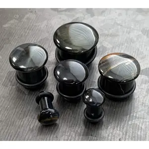 PAIR of Beautiful Blue Tiger Eye Single Flare Organic Stone Plugs with O-Rings - Gauges 4g (5mm) up to 5/8" (16mm)