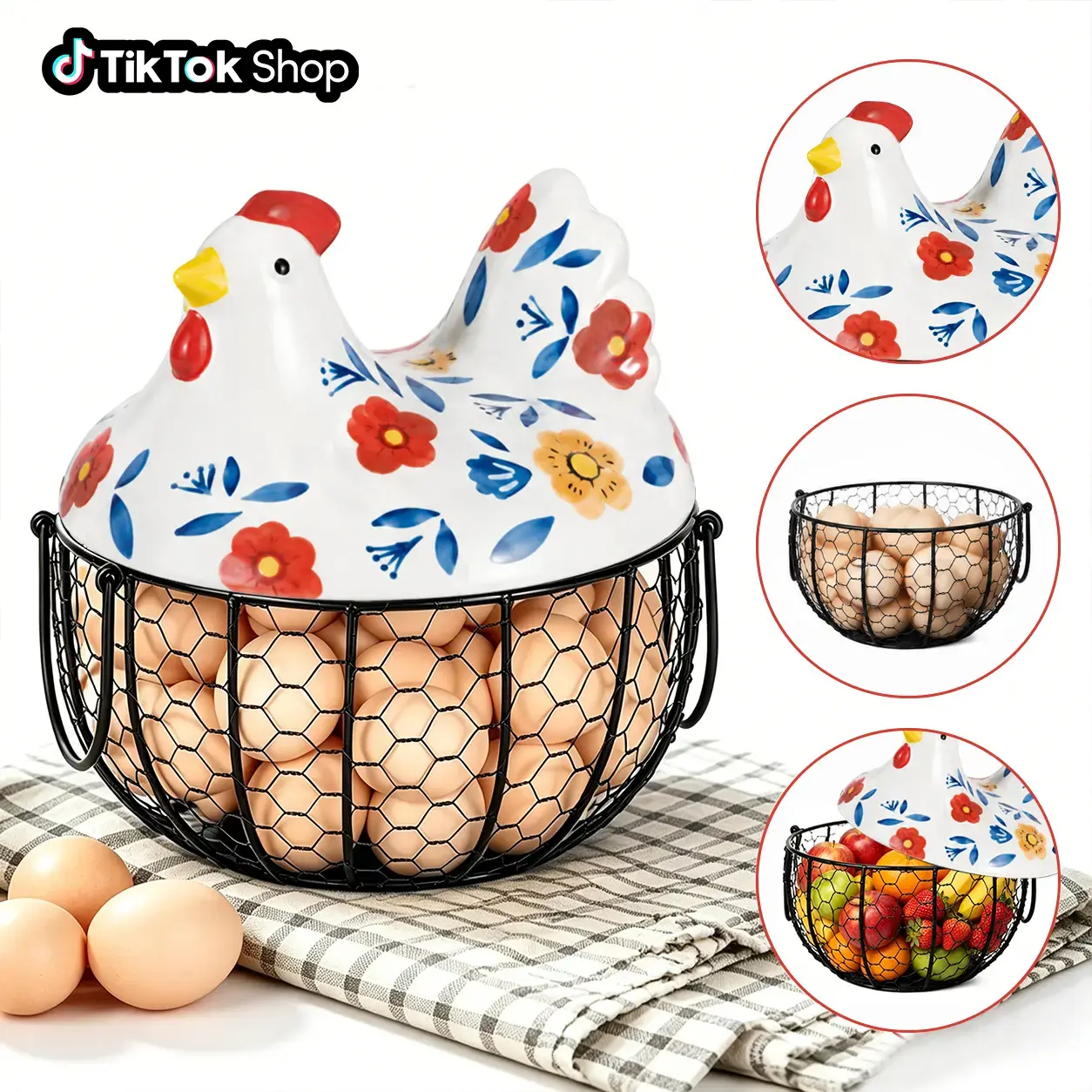 Farmhouse French Country Ceramic Chicken Egg Basket with Metal Wire Lid - Solid & Refined Ceramic Body, Daily Stylish Egg Storage, Fruit Basket, Fruit & Veg Corral, Rustic Home Decor Kitchen Organizer ( Colorful Flowers )