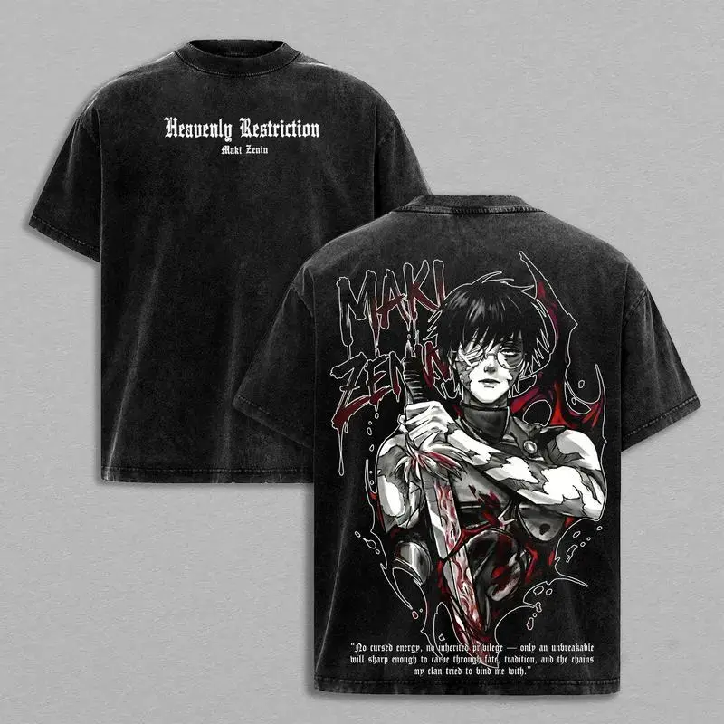 Unisex couple T-shirts Maki Zenin Jujutsu Kaisen T-Shirt – Vintage Washed Oversized Anime Tee, Dark Aesthetic Maki Manga Graphic Shirt, Heavy Cotton Unisex Streetwear JJK Merch, Fall Outfit Anime Gift