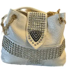 2020 New Female Bag Tide Diamond Drill Women Handbag Ivory Color with Sparkling Crystal Accents and Gold Chains
