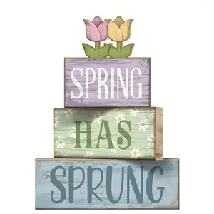 4 Pcs Spring Table Decor Wood Floral Decoration Tulip Centerpiece Spring Tiered Tray Decor Decorative Colorful Flower Block Signs Gift Farmhouse Decoration for Home Kitchen
