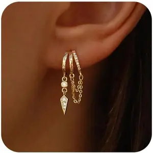 Women's 14k Gold Plated Triple Huggie Stud Dangle Earrings, Cute Statement Chain Dainty Drop Earrings, Trendy Costume Jewelry Accessory