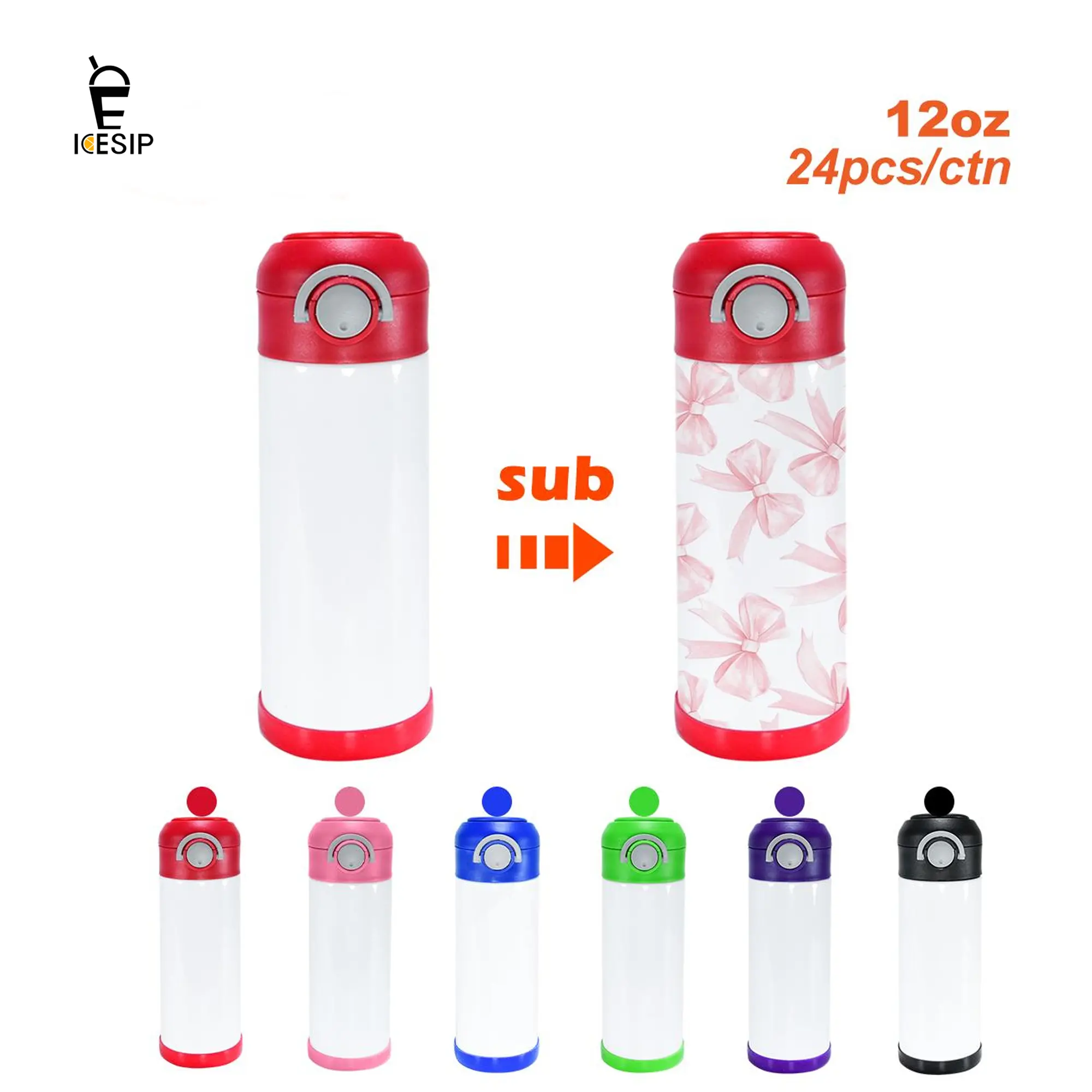 ICESIP Sublimation Blank Stainless Steel Flip-Top Water Bottles (24pcs/ctn, 12oz/0-500ml) - Portable Wide Mouth, Temperature Resistant Drinkware with Silicone Lid, Festive Party Gift for Children (Birthday, Father's Day)