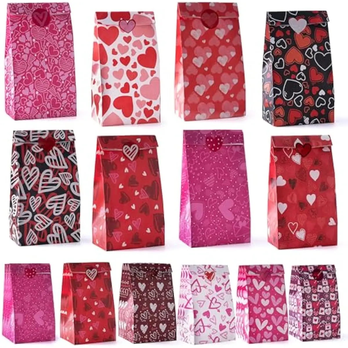 JOYIN 24 Pcs Valentines Day Paper Gift Bags, 9.6" Goodie Bags,Gift Treat Bag with Love Sticker for Giving Gift Wrapping Birthday Gift, Classroom Exchange Prizes, Valentine Party Favors Gifts