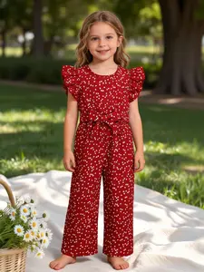 Young Girls Valentine's Day Fashion Heart Print Sleeveless Jumpsuit + Belt, Cute Casual for Kids, Perfect Gift Idea
