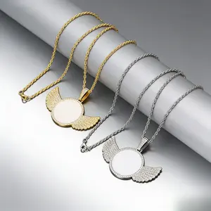 Blank Wing Pendant Necklace, Rhinestone Angel Wing Photo Pendant (No Customized Photo)