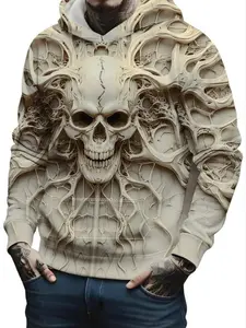 Men's Casual Skull Print Hoodie, Fall & Winter Graphic Sweatshirt with Kangaroo Pocket, Comfortable Loose Fit Fashion Top